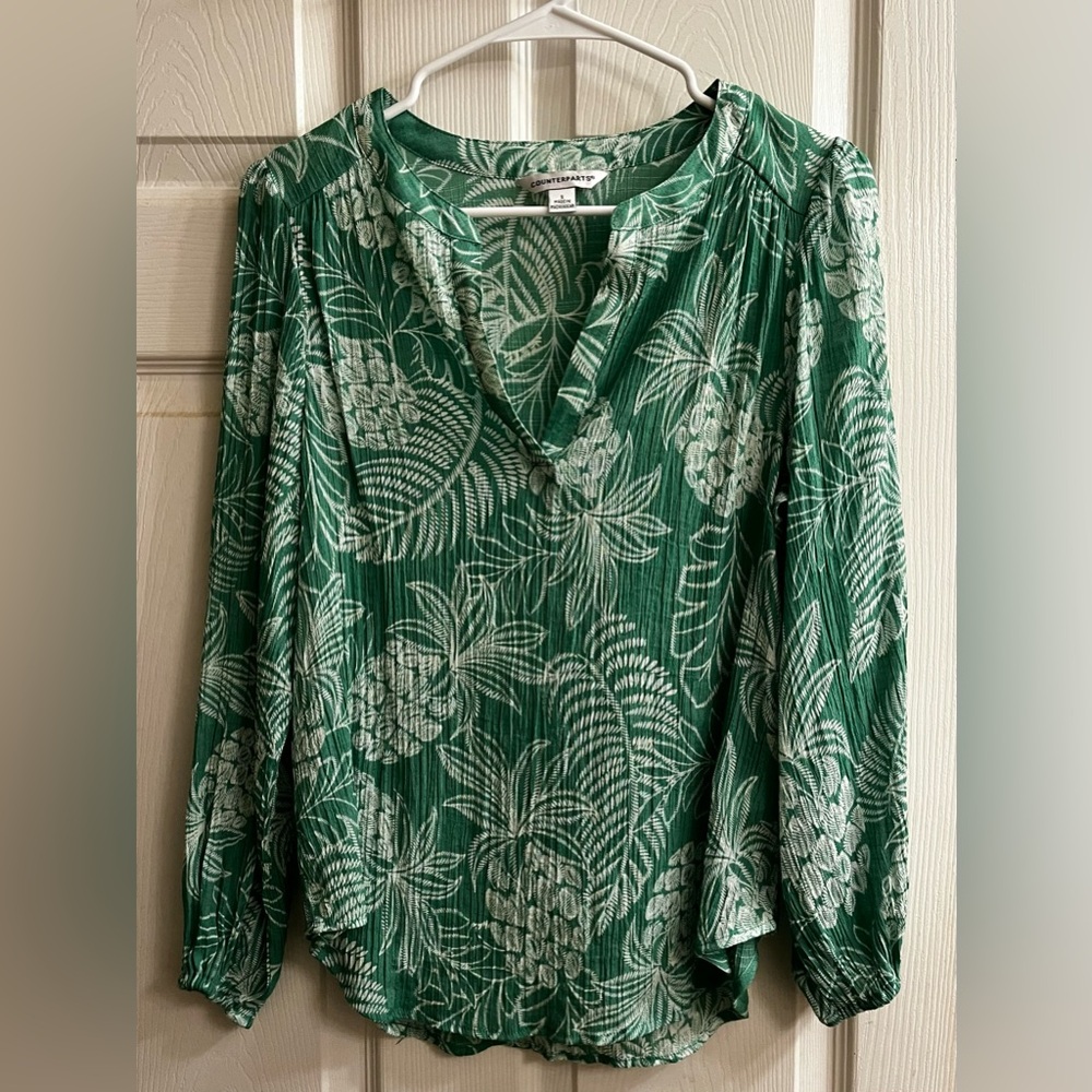 COUNTERPARTS~Green and White TROPICAL Blouse~SM